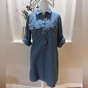 J. Crew Denim Chambray Shirt Dress 100% Cotton Mid Length Womens S Roll tab Slv